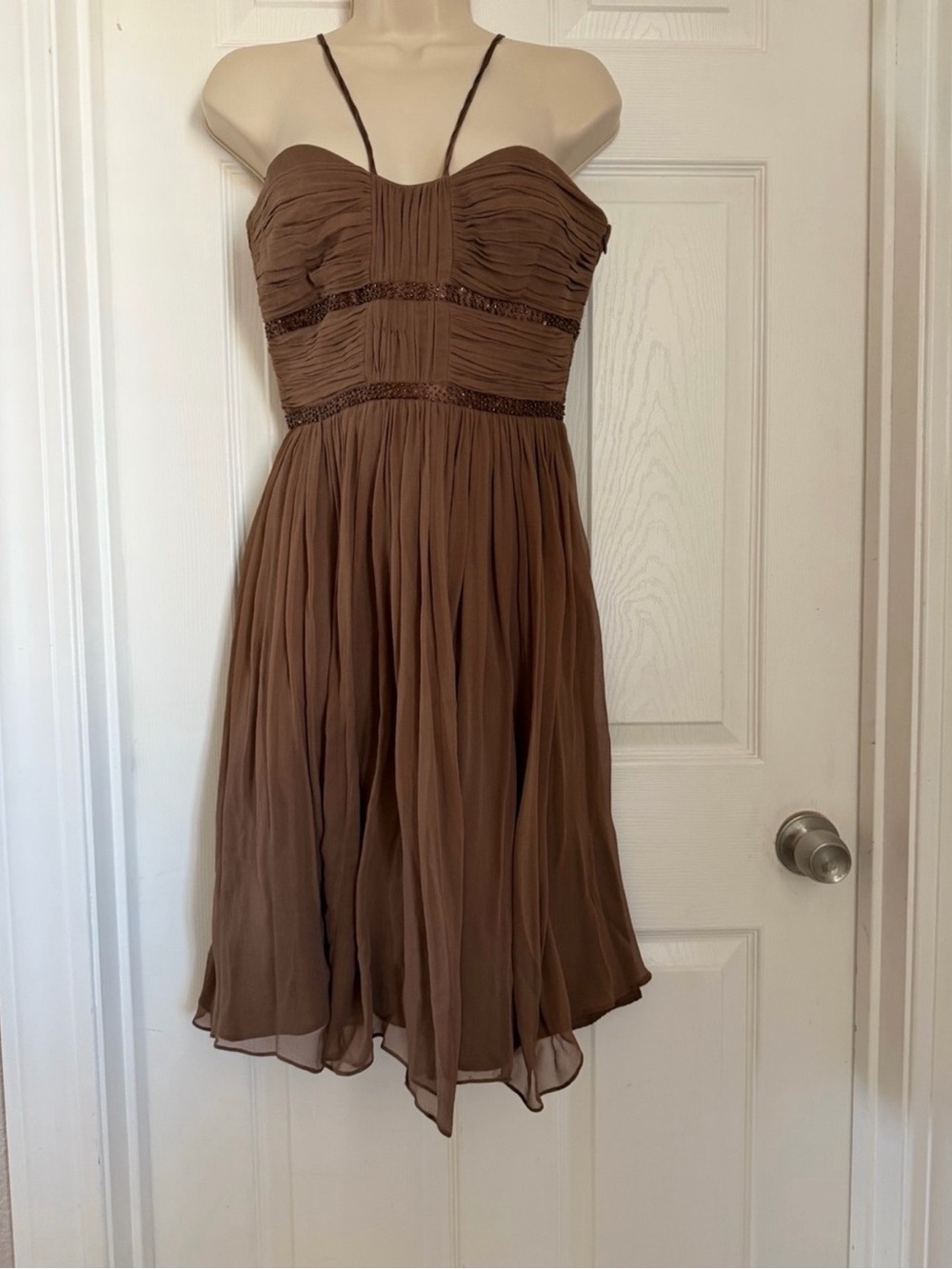 Laundry by Shelli Segal 100% Silk Beaded Chiffon Dress Brown Size 4 - Picture 3 of 11